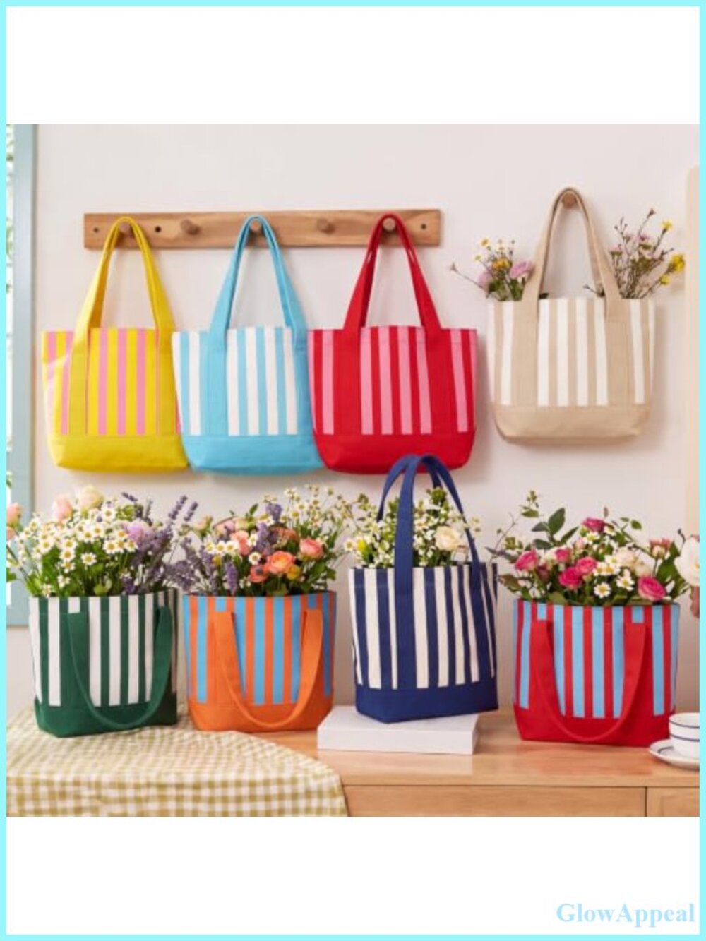 8 Pack Canvas Tote Bags Striped Mini Reusable Shopping Beach Set - Picture 2 of 6